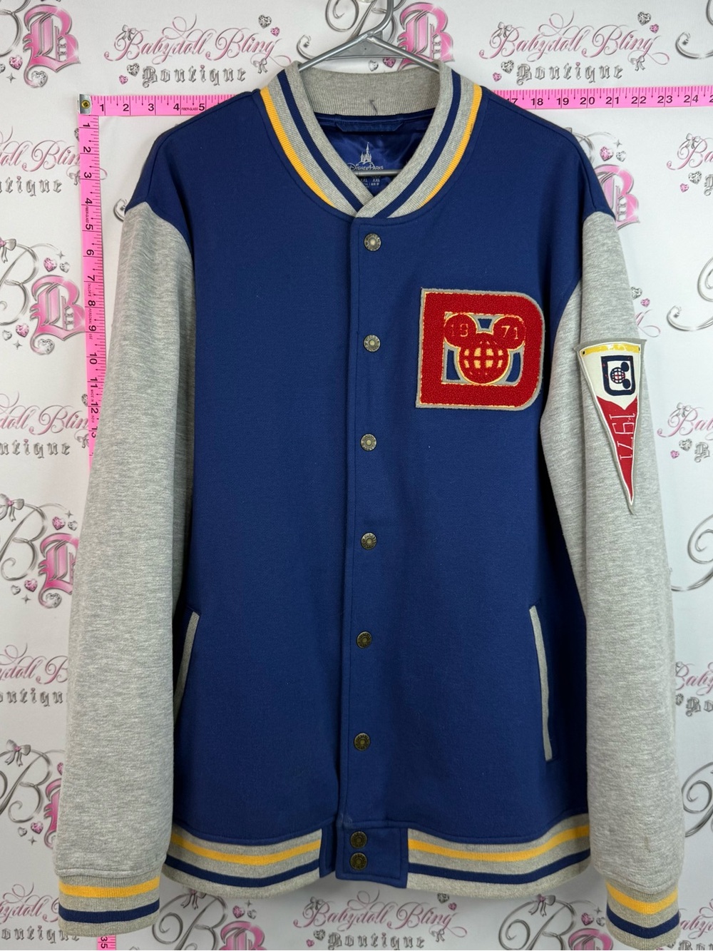 Disney jacket coat patches Navy & Gray Varsity Bomber Jacket with Yellow Trim
